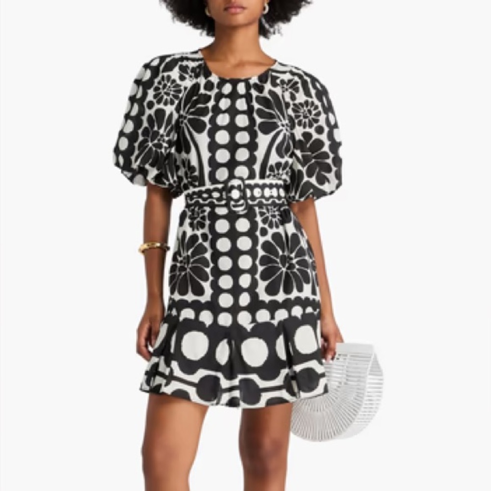 FARM Rio Black and White Floral & Polka Dot Belted Mini Dress